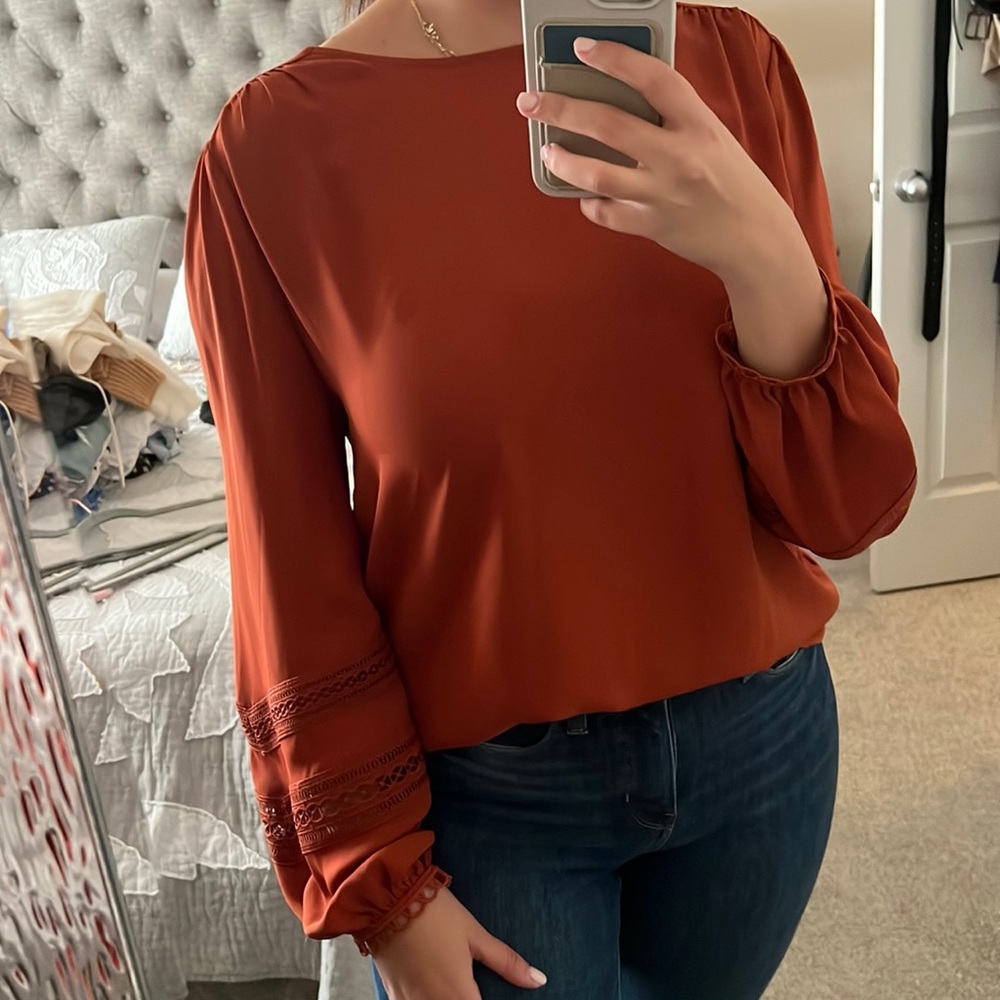 🆕 ANN TAYLOR Burnt Orange Balloon Sleeve Blouse - Size M
